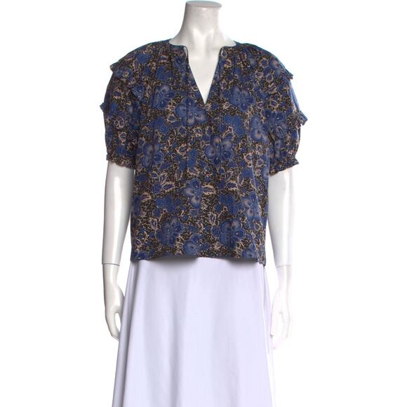 Ulla Johnson Blue Floral Print V-Neck Blouse Size 4 - Picture 1 of 5